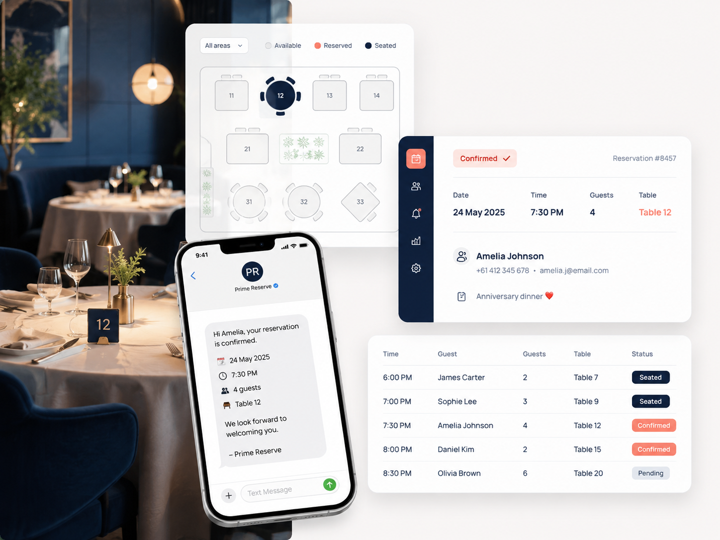 Prime Reserve reservations dashboard showing a restaurant floor plan, bookings list and guest confirmation text message