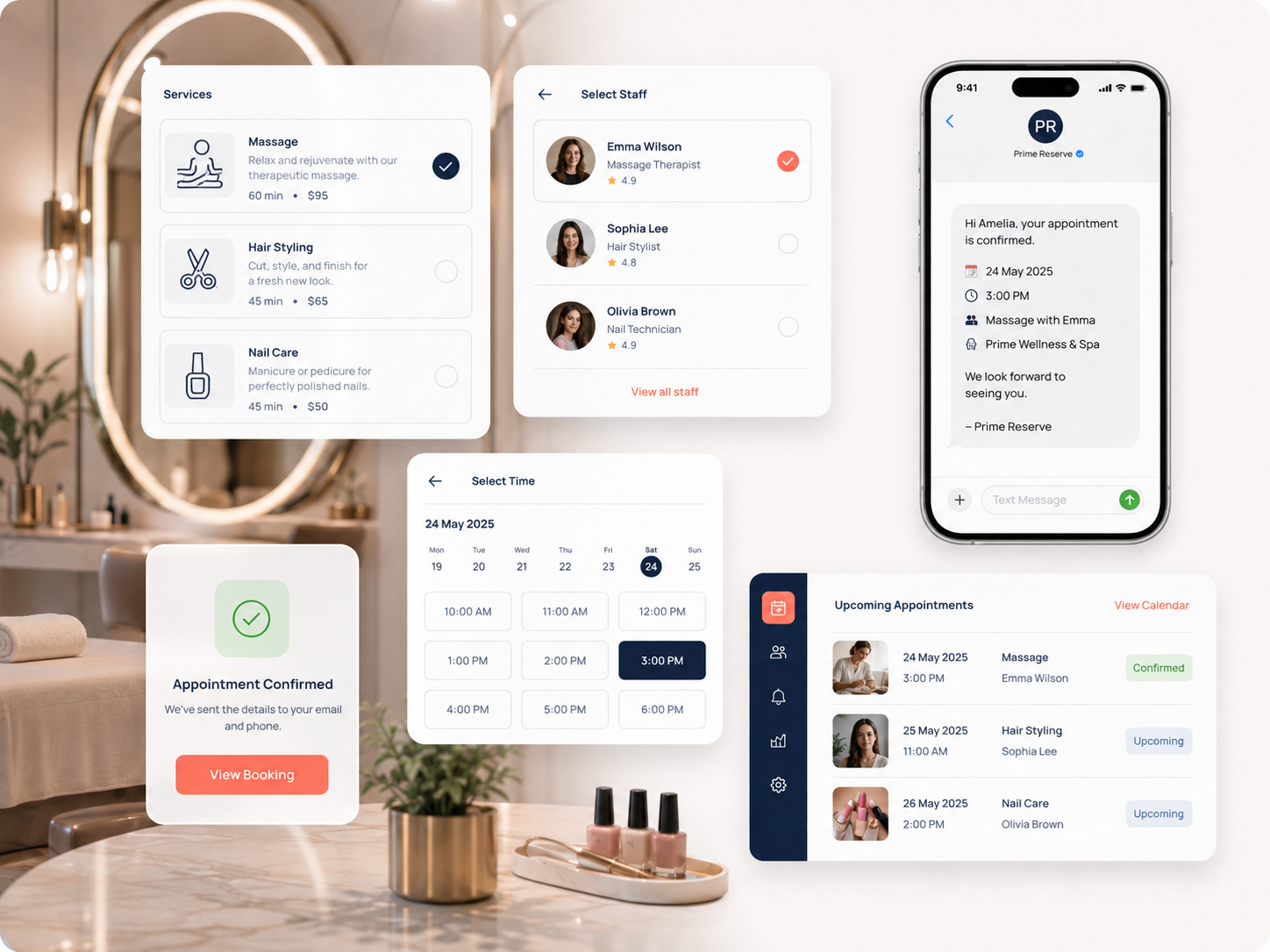Prime Reserve services booking interface showing massage, hair styling and nail appointments with staff and time selection